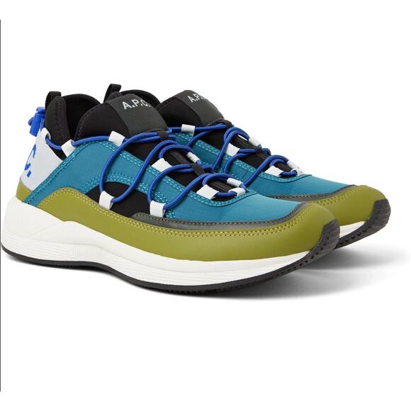 A.P.C. Little Joe Sneakers Logo Ripstop Leather Neoprene EU 39 Blue Green Bungee - Picture 9 of 9